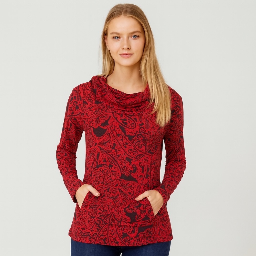 Soft Surroundings Red Black Paisley Cowl Neck Tunic Top Small Kangaroo Pocket